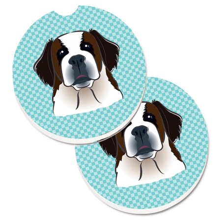 Carolines Treasures Checkerboard Blue Saint Bernard Set of 2 Cup Holder Car Coaster BB1184CARC